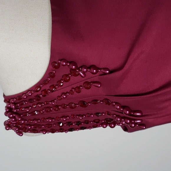 Tahari ASL Berry Red Taffeta Sheath Cocktail Dress Beaded Celeb Style Designer - Picture 7 of 12